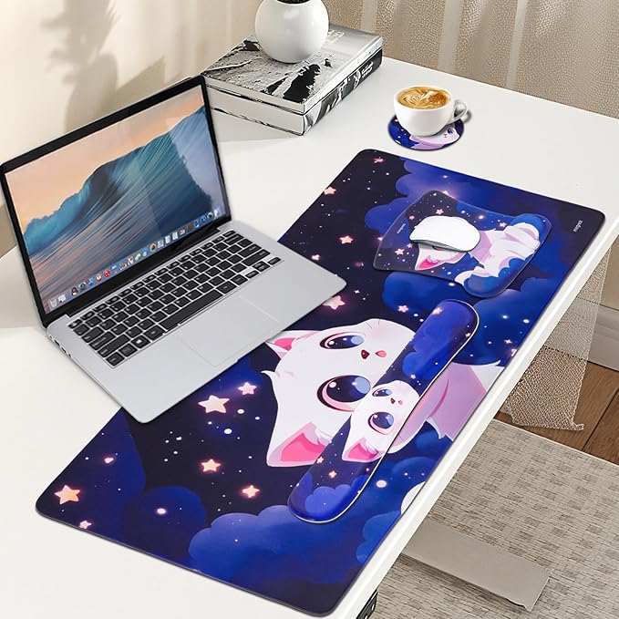 MEGREZ 4-in-1 Ergonomic Memory Foam Wrist Rest Set, Desk Pad, Mouse Pad with Wrist Rest, Keyboard Pad, Suitable for Office Workers, Programmers & Gamers–Relieve Typing & Gaming Fatigue, Blue Purple