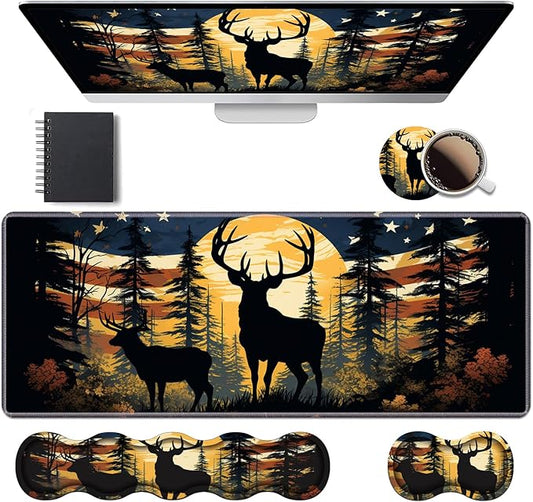 Ergonomic Keyboard Wrist Rest & Mouse Pad Wrist Rest Set, Large XXL Gaming Desk Mat 31.5"x 11.8" with Memory Foam, Easy Typing Pain Relief for Office & Home, American Flag Jungle Deer