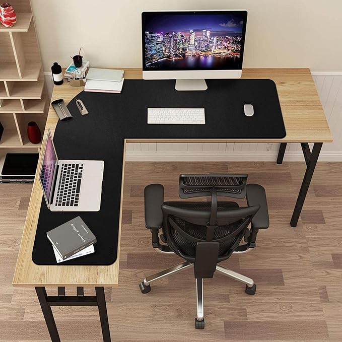 Vyaaa L Shaped Desk Pad 43 inch PU Leather Mouse Pad for Gaming,Working,Writing,Computer,Laptop,Table,Office and Home Non-Slip Corner Desk Mat- Black