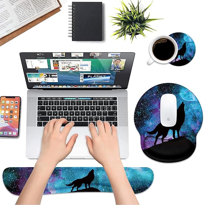 Keyboard Wrist Rest and Mouse Wrist Rest Pad Set with Coasters, Ergonomic Support, Non-Slip PU Base, Easy Typing and Relieve Wrist Pain, Perfect for Home Office Working Studying, Galaxy Nebula Wolf