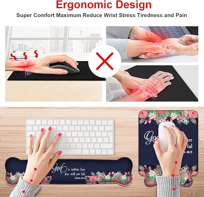 Wrist Rest Support Ergonomic Gel Mouse Pad & Memory Foam Keyboard Set, Non-Slip Rubber PU Base for Home Office Working Studying Easy Typing & Pain Relief - Bible Verses Psalm 46:5