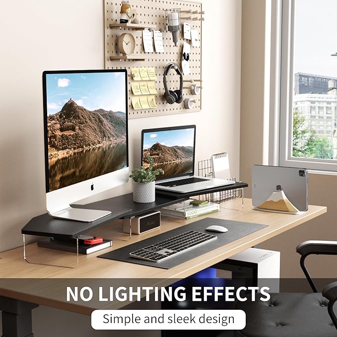 LED Dual Monitor Stand Riser for 2 Monitors,Office Desktop Wooden Stand Adjustable Length and Angle 3 Shelf,Extra Long Multifunctional Stand up to 44.4" for Computer,Laptop,TV,Black
