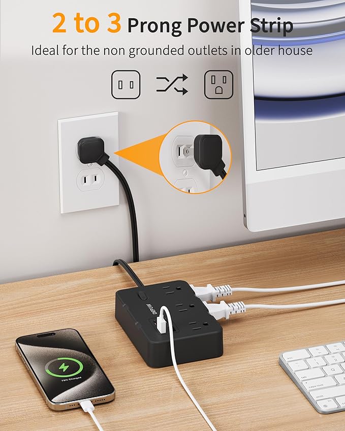 2 Prong to 3 Prong Adapter Power Strip, 5FT Black Extension Cord with 6 Outlets & 4 USB Ports (2 USB-C), 1050J Two Prong Surge Protector, Wall Mount - Ideal for Old Houses