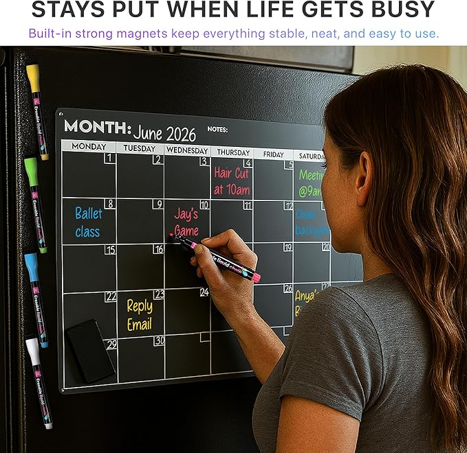 Fridge Calendar Acrylic 17x12”, Start Monday | Magnetic Calendar for Refrigerator | Acrylic Dry Erase Whiteboard Calendar for Fridge | Family Schedule Board with 5 Markers & Eraser by Freedom Mastery