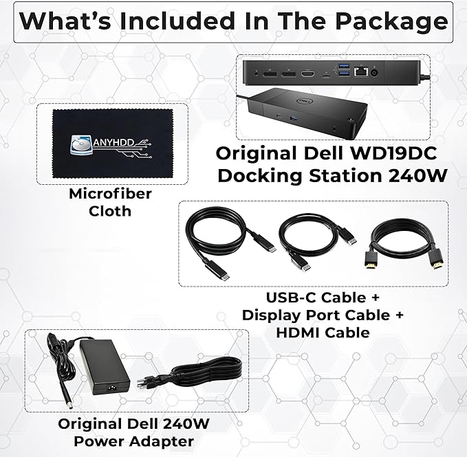 Dell WD19DC Performance Docking Station USB-C with 240W Power Adapter (210W Power Delivery) + HDMI Cable + Display Port Cable + USB-C Cable + Microfiber Cloth Included (Renewed)