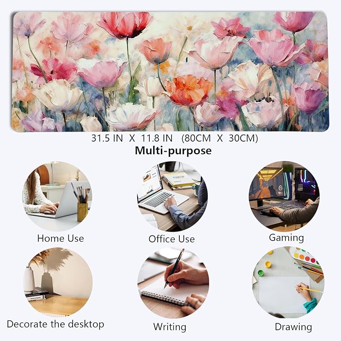 Pink Spring Tulip Floral Mouse Pad,Summer Flower Mouse Pads,Aesthetic Romantic Flower Desk Mat,Elegant Botanical Cottagecore Floral Desk Mat for Home Office Dorm Desktop Decor,31.5x11.8 Inch