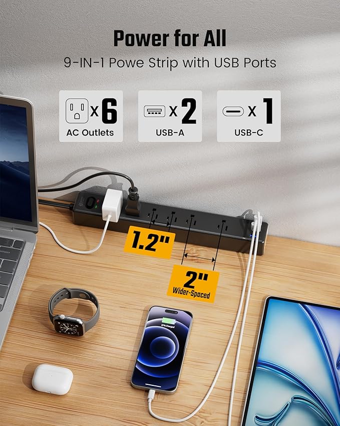 Black Long Extension Cord 20Ft, SUPERDANNY Flat Plug Surge Protector Power Strip with 6 Outlets & 3 USB Ports, Power Bar for Home Office, Dorm Room