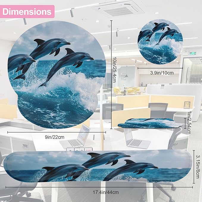 Dolphins in Ocean Ergonomic Wrist Support Keyboard Mouse Wrist Rest Set, Computer Office Comfortable Wrist Rest for Mouse Easy Typing