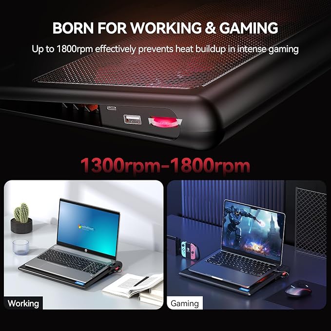 TECKNET Laptop Cooling Pad - 12"-15.6" Laptops Cooler, Powerful Cooler and Ultra Quiet for Gaming Laptops Pad, 2 Wind Speed Adjustable, USB A & C Powered Cooler Stand with Laptop Fan LED (Red)