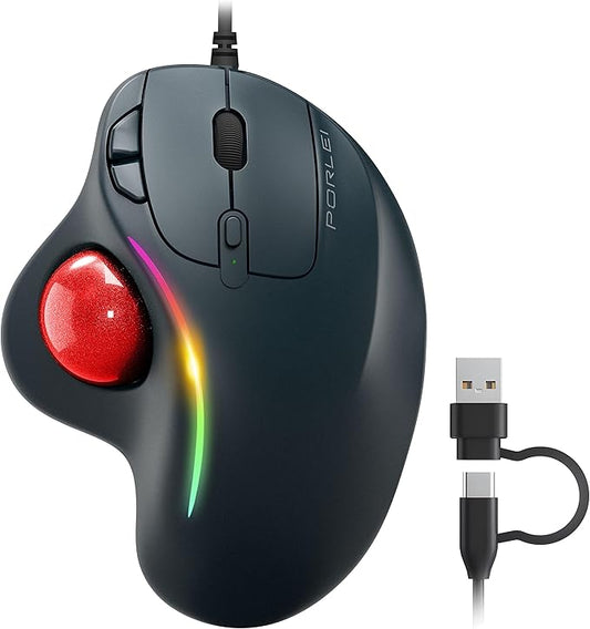 Wired Trackball Mouse with RGB Lighting, Ergonomic Thumb Control to Reduce Muscle Strain, 5 Adjustable DPI, Dual USB-C & USB-A Connectivity