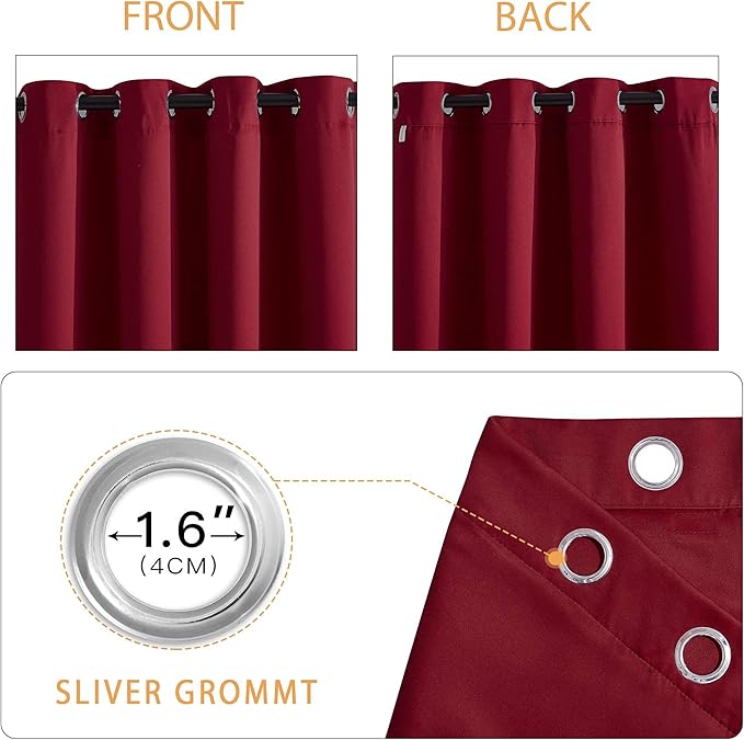 RYB HOME Soundproof Curtains Blackout Energy Saving Grommet Curtains Window Treatment Panels for Bedroom Studio Doorway Wall Panels, W 52 x L 84 inches, Burgundy Red, 2 Pcs