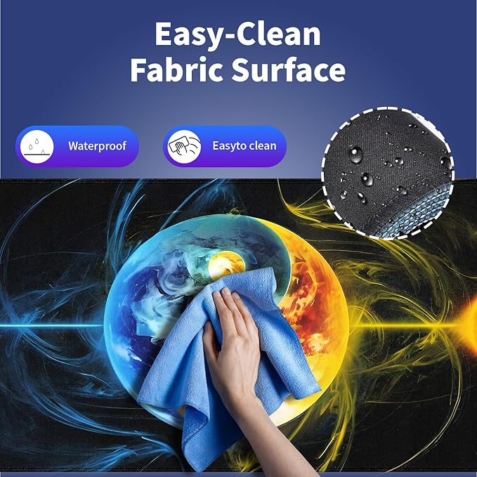 Extra Large Gaming & Office Mouse Pad (31.5" x 11.8") with Durable Stitched Edges – Abstract Yin Yang of Celestial Bodies Yellow Fire and Blue Ice Design, Anti-Slip Extended XXL Desk Mat