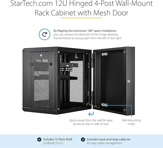 StarTech 4-Post 12U Wall Mount Network Cabinet with 1U Shelf, 19in Wall-Mounted Server Rack Kit, Up to 16in Mounting Depth, Ships Fully Assembled