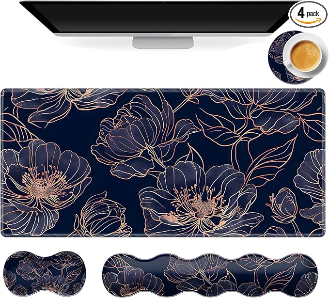 Gaming Mouse Pad Set Rose Gold Line Art Flowers Large Desk Mat Mousepad, Keyboard Wrist Support, Mouse Wrist Rest, Coaster 4in1 Ergonomic Memory Foam, Non-Slip Stitched Edge for Home Office