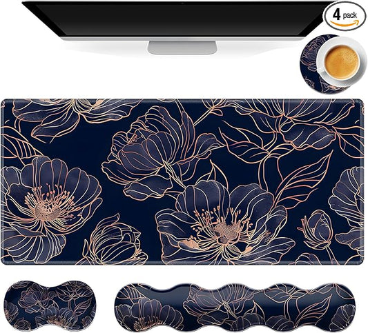 Gaming Mouse Pad Set Rose Gold Line Art Flowers Large Desk Mat Mousepad, Keyboard Wrist Support, Mouse Wrist Rest, Coaster 4in1 Ergonomic Memory Foam, Non-Slip Stitched Edge for Home Office