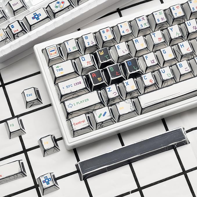 Retro Anime PBT Keycaps-Cherry Keycaps, Custom Keyboard Key caps 60 65 75 100 Percent, 5 Side Dye Sublimation 141 Keys Set for Cherry Gateron MX Switches Keyboards, White (Classic Game Theme)