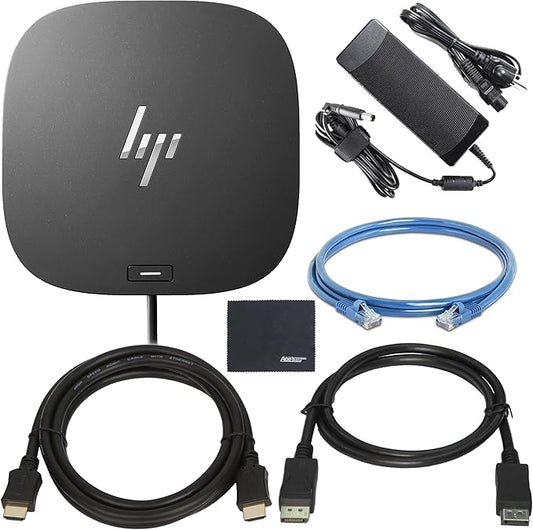 HP Docking Station for Laptop Dual Monitor + Bundle - HP USB-C G5 Dock 5TW10AA / 5TW10UT / 5TW10AA#ABB with 120W Adapter + ZoomSpeed HDMI Cable + DisplayPort Cable + Ethernet + Microfiber Cloth