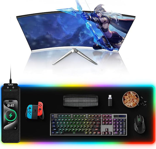TopMade Mouse Pad with Wireless Charging, 31.5" x 11.81" Large Desk Mat RGB Gaming Mousepad, LED Desk Pad Keyboard Pad with Ultra-Smooth Surface & Non-Slip Rubber Base, Waterproof Desk Pad