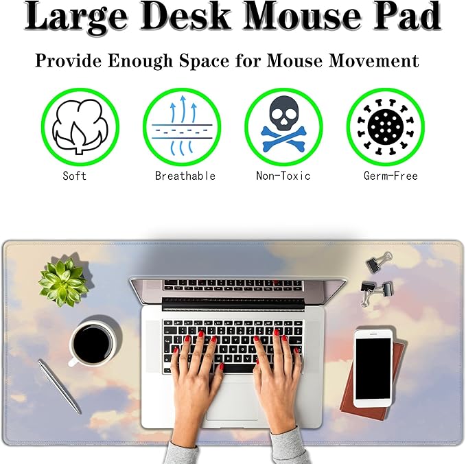 Gaming Mouse Pad Pink Keyboard Mat, Large Mouse Pads Desk Mat for Women Office Desk Pads, Mouse Pad Gaming Non-Slip Rubber Base, 35.4 X 15.7 inch for Work/Game/Office/Home Pastel Color Sky