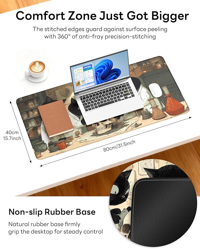 XL Gaming Mouse Pad, 31.5x15.7'' Large Desk Mat with Anti-Slip Rubber Base & Stitched Edges for Gaming, Office, Home, Professor Cat