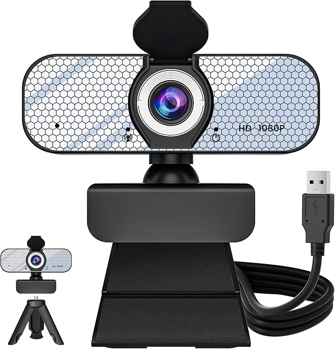 1080P HD Webcam with Built-in Microphone, Rotatable Tripod, Wide-Angle Lens,Privacy Cover, Auto Light Correction, Plug & Play USB-A Webcam for Laptop, Desktop, PC, Streaming-White
