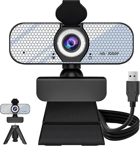 1080P HD Webcam with Built-in Microphone, Rotatable Tripod, Wide-Angle Lens,Privacy Cover, Auto Light Correction, Plug & Play USB-A Webcam for Laptop, Desktop, PC, Streaming-White
