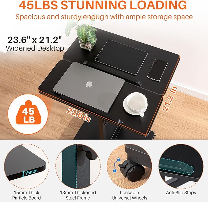 Mobile Laptop Stand Desk, Standing or Sitting Rolling Computer Cart with Tower Stand, Adjustable Height 27.5" to 47.2" Portable Laptop Table Home Office Computer Workstation, Locking Wheels