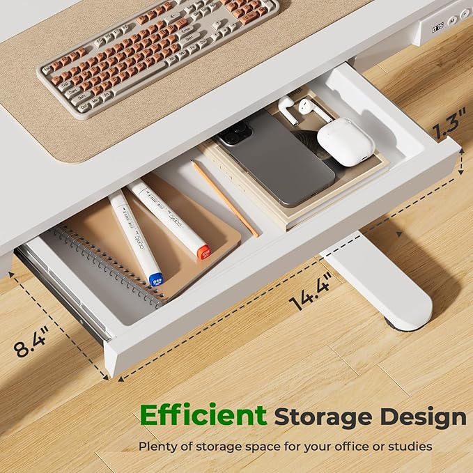 Small Standing Desk with Drawer, 35" x 20" Whole Piece Tabletop Electric Sit Stand Desk, Height Adjustable Desk with Storage & USB Ports, Quick Install Home Office Computer Desk, White