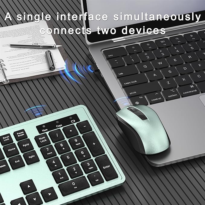 Wireless Keyboard and Mouse Combo, Full-Size 104-Key Office Keyboard with 15 Function Keys, Numeric Keypad, Single USB Receiver, Compatible with PC and Laptop(Green)