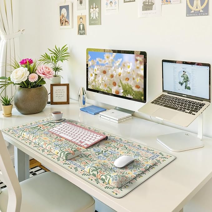 iLeadon Green Floral Desk Cover Mat, Computer Mouse Pad and Keyboard Wrist Rest, Non-Slip Base Keyboard Wrist Rest and Mouse Pad Set, Office Desk Mat Cute for Women (Light Green)