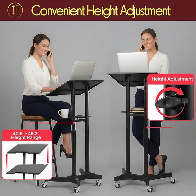 Pyle Lectern Podium Stand | Adjustable Height Top Shelf, Bottom Shelf w/Smooth Rubber Wheels & Metal Brakes | Mobile Standing Desk w/LED Light for Classrooms & Presentations | Portable Rolling Table