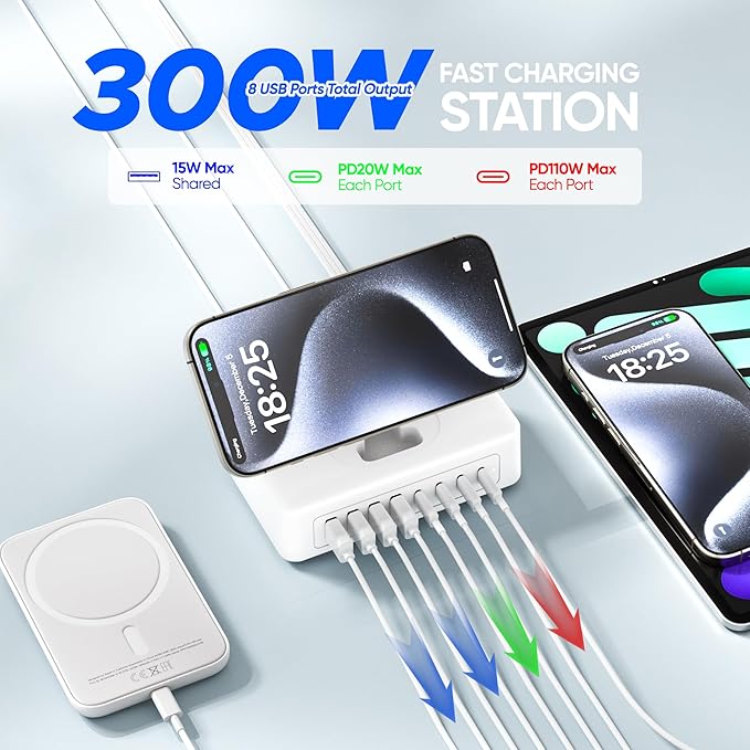 300W USB Charging Station, 11-in-1 USB C Power Strip Surge Protector, 2AC Outlets & 8USB Ports, 5ft Flat Plug Extension Cord with Multiple Devices, Desktop Charger for Home Office Desk