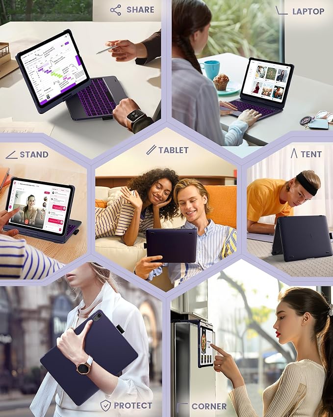 typecase Flexbook Keyboard Case for iPad 11th (A16, 2025) and iPad 10th Gen (10.9", 2022) – No Trackpad, 11-Color Backlight, 360° Rotatable, 7 Use Modes, Thin & Lightweight – Midnight Amethyst