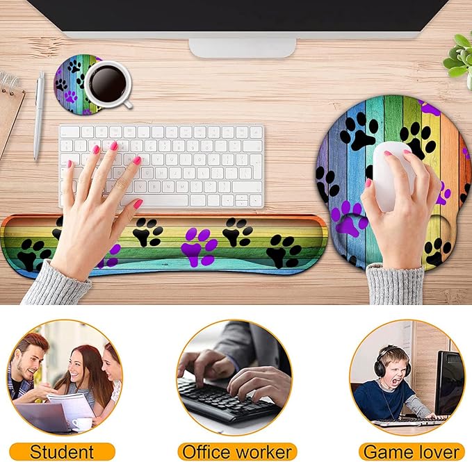 Keyboard Wrist Rest and Mouse Pad with Wrist Support, Ergonomic Gel Mouse Pad Coaster,Easy Typing Pain Relief, Memory Foam Keyboard Mousepad Set,Rainbow Woodgrain Black and Purple Dog Paw
