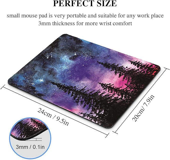 Forest Tree Mouse Pad Cute, Purple Starry Sky Night Vintage Watercolor Mountain Plant Mousepad Vertical Aesthetic Nature Scenery Office Small Desk Pad Non-Slip Mouse Mat Washable Desk Decor Accessory