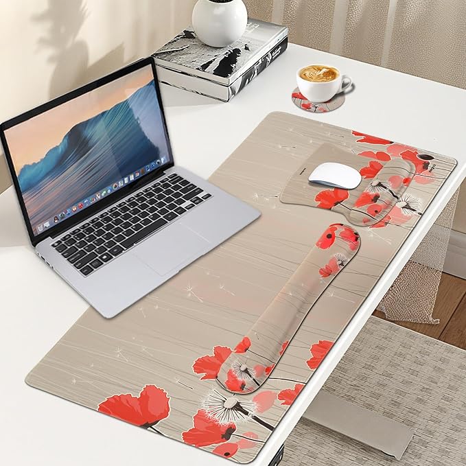 MEGREZ 4-in-1 Ergonomic Memory Foam Wrist Rest Set, Desk Pad, Mouse Pad with Wrist Rest, Keyboard Pad, Suitable for Office Workers, Programmers & Gamers–Relieve Typing & Gaming Fatigue, Light Brown