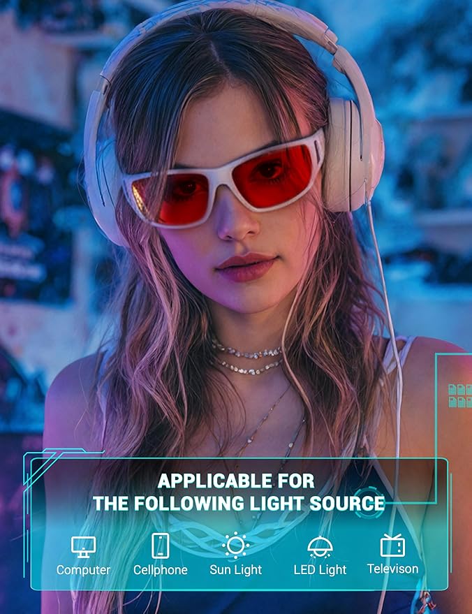 TIJN Sonia Red Sleep Glasses Orange Lens for Blue & Green Light Blocking,Dual AR Coating,Wraparound Frame for Gaming Screen