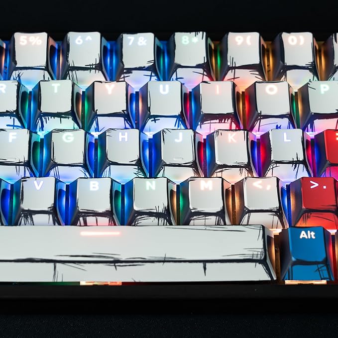 Retro Anime PBT Keycaps-Cherry Keycaps, Custom Keyboard Key caps 60 65 75 100 Percent, 5 Side Dye Sublimation 141 Keys Set for Cherry Gateron MX Switches Keyboards, White (Shine Through Manga)
