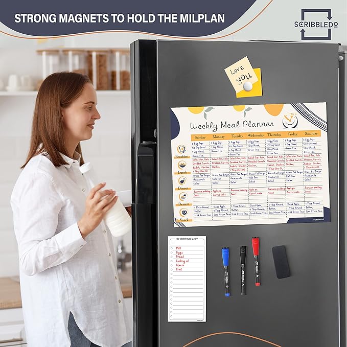 Weekly Meal Planner Dry Erase 13"X17” Magnetic Diet Planner for Fridge Whiteboard Menu Planner Shopping Grocery List Refrigerator White Board Dry Erase Magnet Monthly Menu Board for Kitchen 6 Markers