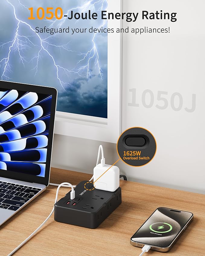 2 Prong to 3 Prong Adapter Power Strip, 5FT Black Extension Cord with 6 Outlets & 4 USB Ports (2 USB-C), 1050J Two Prong Surge Protector, Wall Mount - Ideal for Old Houses