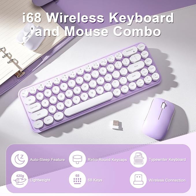 i68 Wireless Typewriter Keyboard and Mouse Combo,Purple Keyboard with 2.4GHz Connection, Cute Retro Aesthetic Design Round Keycaps for Tablet, Phone, PC and Win/Mac/Android(Purple)