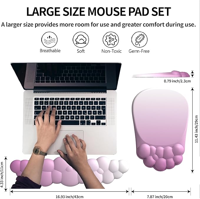 Ergonomic Mouse Pad and Keyboard Rest, 2 in 1 Cloud Wrist Rest + Mouse Pad, Non-Slip for Easy Typing & Wrist Pain Relief - Flower Gradient Pink