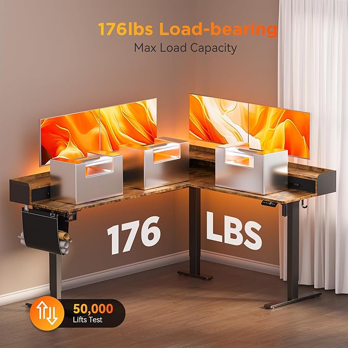 75 Inches Height Adjustable L Shaped Standing Desk with 5 Drawers and Monitor Shelf, Electric Sit to Stand Home Office Comupter Table, Ergonomic Corner Gaming Desk, Rustic Brown