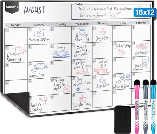 Magnetic Dry Erase Whiteboard Calendar for Fridge (16 x 12”), Refrigerator White Board Sheet w/ 3 Colorful Markers & Eraser, Monthly Meal Planner & Organizer for Family by Yes4Quality