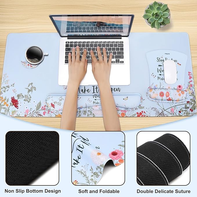 MEGREZ 4-in-1 Ergonomic Memory Foam Wrist Rest Set, Desk Pad, Mouse Pad with Wrist Rest, Keyboard Pad, Suitable for Office Workers, Programmers & Gamers–Relieve Typing & Gaming Fatigue, Light Blue
