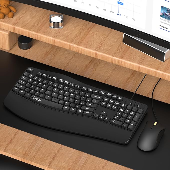RECCAZR Ergonomic Keyboard, Wired Computer USB Keyboard with Wrist Rest, Spill-Resistant, Wave Keys for Natural Typing, Compatible with Windows/PC/Laptop(Black)