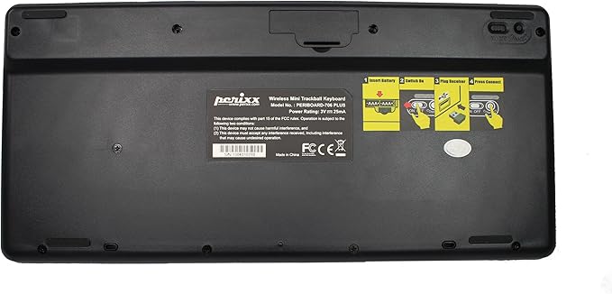 Perixx Periboard-706 Wireless Trackball Mini Keyboard, Build-in 0.55 Inch Trackball for Pointing Feature, Black, US English Layout