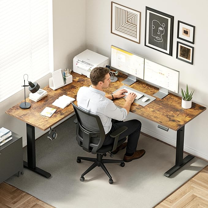 Agilestic L Shaped Standing Desk 63 x 55 Inch, Electric Height Adjustable Corner Sit Stand Desk with Memory Preset Controller, Large L Shaped Computer Desk for Home Office Workstation, Vintage Brown