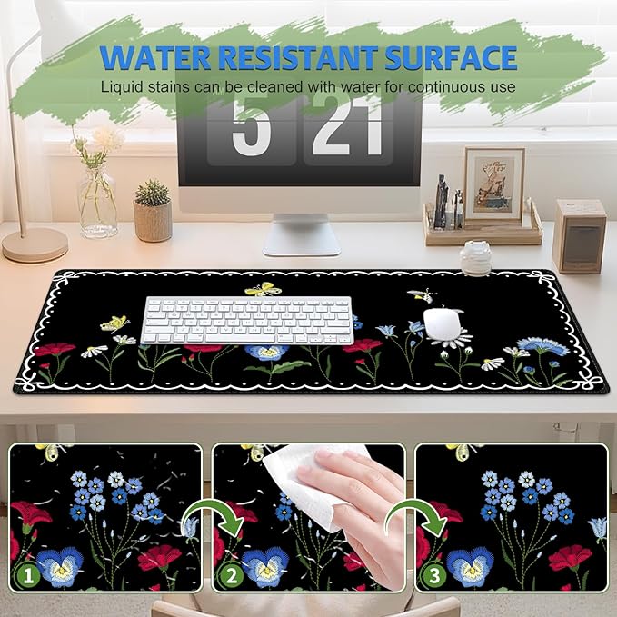 Desk Pad for Keyboard and Mouse, Large Mouse Pad for Desk, Non-Slip Keyboard Mat, Computer Mats for Desk, Desk Pad with Stitched Edges for Office, Gaming I Lovely Black Plants