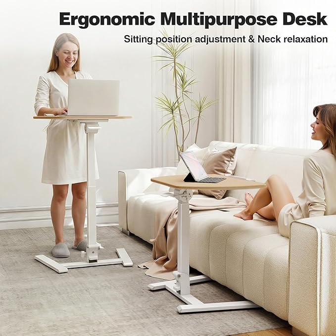 ROMOON Foldable Small Standing Desk with No-Assembly Design, Rolling Height-Adjustable Sit-Stand Table with Wheels, Space-Saving Portable Laptop Cart for Home Office and Small Space (Natural Oak)